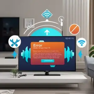 A smart TV displaying an error message with symbols of troubleshooting, including a wrench and Wi-Fi signal, in a home setting, illustrating solutions for streaming interruptions on OTT Platinum.