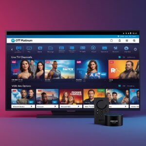 OTT Platinum APK interface showing live TV channels and VOD on Android device and Amazon Firestick, with HD streaming and easy navigation