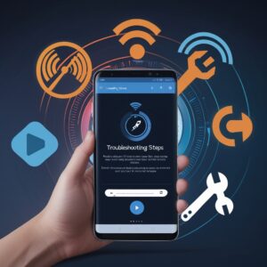 Smart TV with a streaming error screen, Wi-Fi signal icon, wrench, and progress bar, representing troubleshooting tips for fixing OTT Platinum issues.