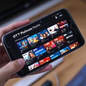 iPhone screen showing OTT Platinum playlist on IPTV player app with live TV channels and VOD content.